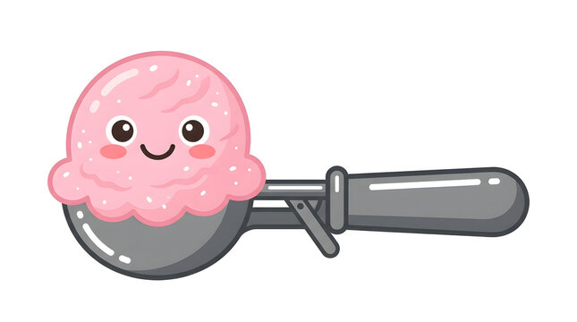 Pink ice cream scoop cartoon, smiling dessert illustration, sweet treat graphic, colorful food icon