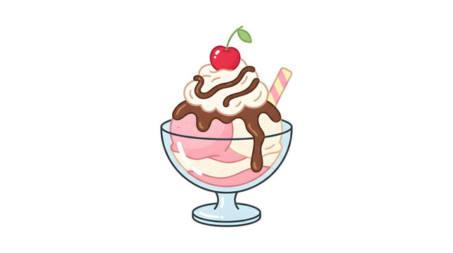 Colorful dessert, ice cream sundae, chocolate sauce, whipped cream, cartoon food