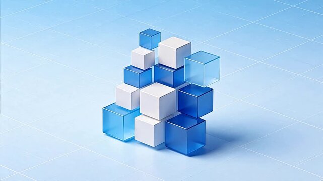 Stacked blue and white cubes on tiled floor