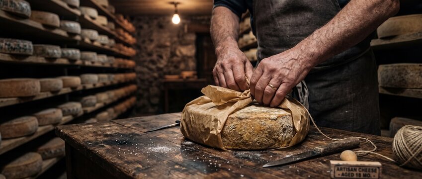 Man wrapping large wheel of aged artisan cheese in paper and string, in traditional cellar with shelves of cheese on rustic wooden table