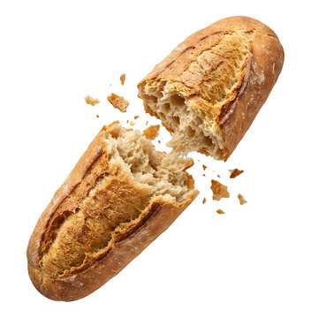 Freshly baked sandwich bread with crust broken off on transparent background for food photography.