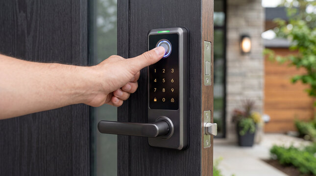 Hand pressing illuminated keypad on modern smart door lock mounted on dark wooden front door with metal handle, showing secure keyless home entry and residential access control