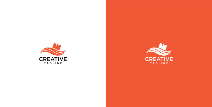 Minimalist box and wave logo design template for delivery and shipping logistics business