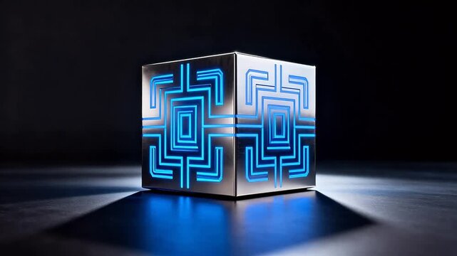 Cube with glowing blue circuit patterns