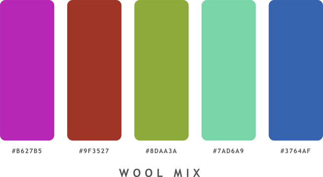Vibrant wool mix color palette collection showing bold and bright hues for artistic design elements with hex code labels.