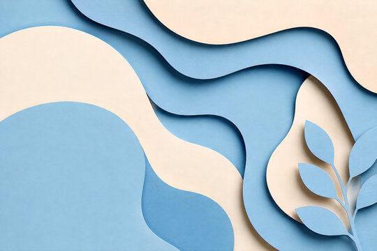 Layered paper cut abstract background with blue waves and botanical leaf design.