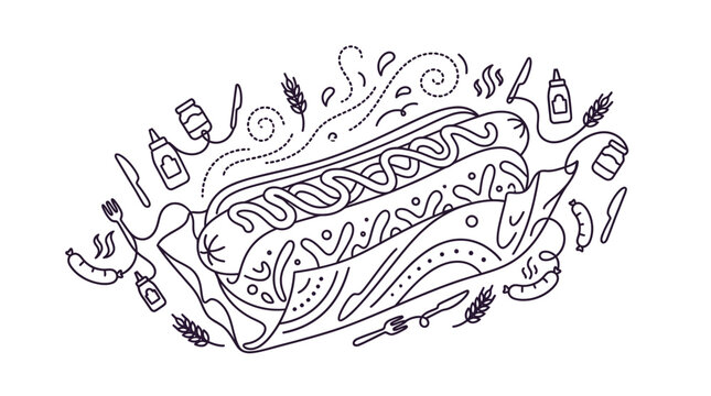 Minimalist black and white line art illustration featuring a large hot dog with mustard in a bun, wrapped in patterned paper, decorated with condiment icons, steam, and cutlery.