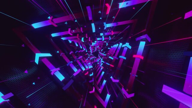 seamless loop of a futuristic geometric tunnel. Abstract digital vortex made of twisting triangle structures, glowing arrows and lines, creating deep perspective background for VJ screens