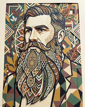 Artistic portrait of a bearded man with intricate patterns and colors in a decorative style