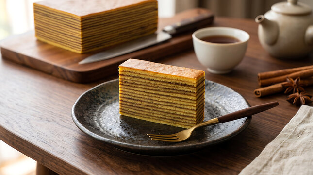 Traditional Indonesian Kueh Lapis Legit layer cake slice on ceramic plate