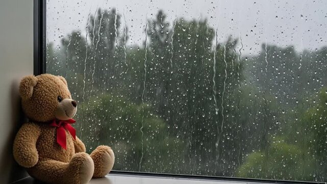 Lonely teddy bear sitting by a rain-covered window, evoking feelings of solitude, nostalgia, comfort, and quiet reflection during a gloomy rainy day