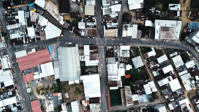 Top Down Drone View of Urban Blocks in Ecuador River Town, Roads, Buildings, Rooftops and Local Amazon Community Infrastructure