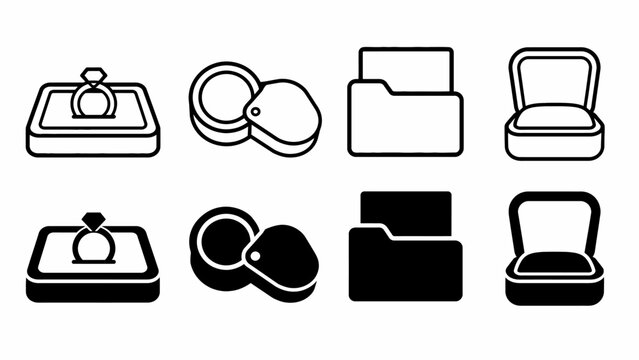 Black and white icon set of rings and boxes with tags and folders