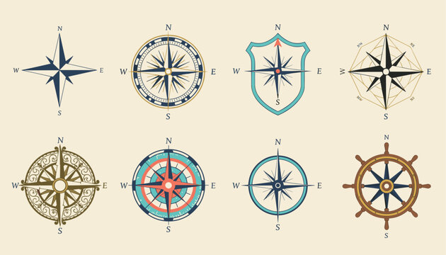Set of eight classic wind rose and navigation compass design icons on cream background in vintage style.