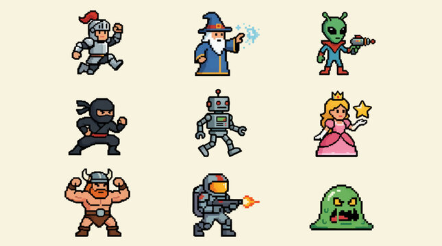 Pixel Art Retro Game Characters Collection: Knight, Wizard, Alien, Ninja, Robot, Princess, Viking, Astronaut, Slime Monster, Flat Design Vector Icons