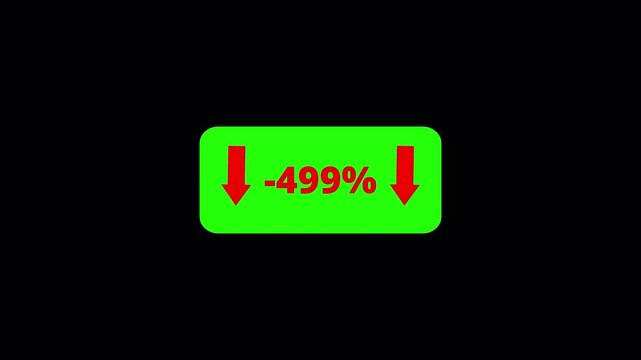 499 Percent Business Loss Counter Animation from 0 to -499 with Down Arrow Indicator in 4K, Negative Growth, Financial Decline, Revenue Drop and Market Performance Motion Graphic, -499% on Transparent
