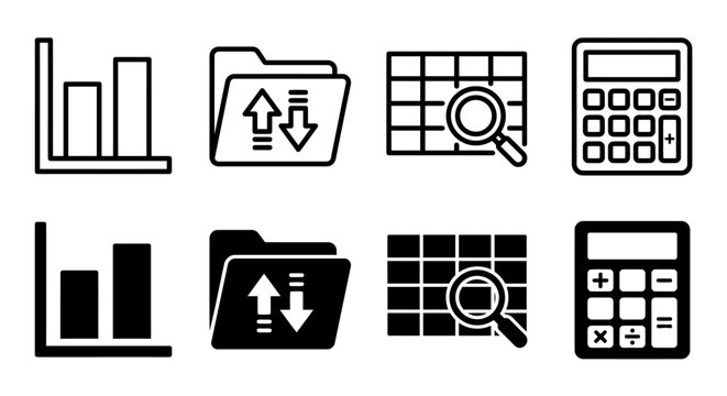 Data analysis icons: graphs, folders, spreadsheets, calculators in black and white design