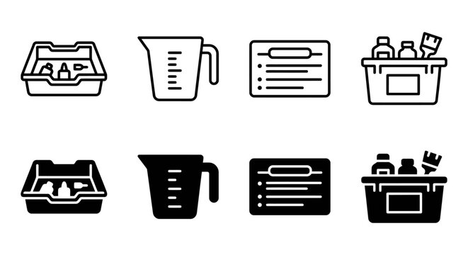 Set of cleaning and measurement icons including tray, measuring cup, checklist, and tool chest