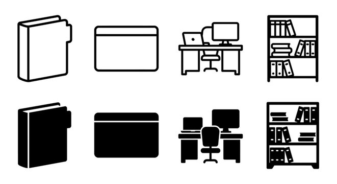Office icons: books, computers, desks, and shelves in black and white