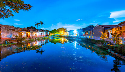 Fototapeta premium The blue-hour scenery of Nanshe Ancient Village in Chashan, Dongguan, Guangdong.