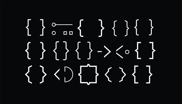 Pattern of white coding and computer programming markup symbols organized in rows on a black background.