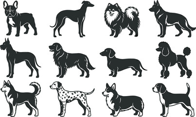Dog Breed Silhouette Vector Icon Set featuring German Shepherd French Bulldog Dalmatian Husky Corgi and Golden Retriever for Pet Care Logo and Veterinary Graphics © Sultana