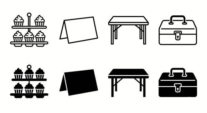 Outline and silhouette icons: cupcakes, tent, table, and toolbox set