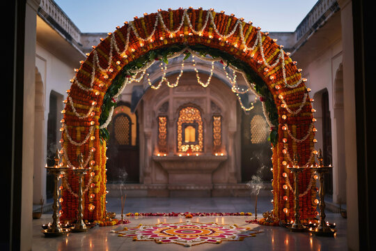 Traditional Indian wedding arch with marigold flowers, ornate floral entrance for Hindu marriage ceremony, luxury palace courtyard decoration with oil lamps