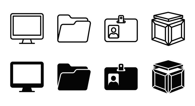 Computer icons: monitor, folder, id badge, box - black and white vector set