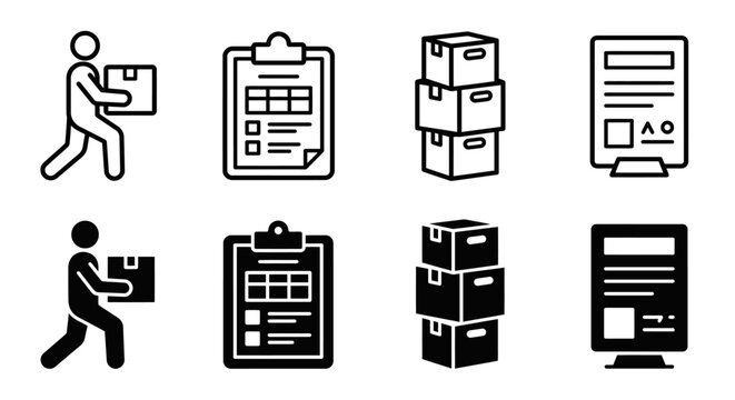 Shipping and logistics icons: boxes, checklists, deliveries, and documents