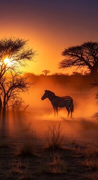 African zebra silhouetted against dramatic sunset sky.