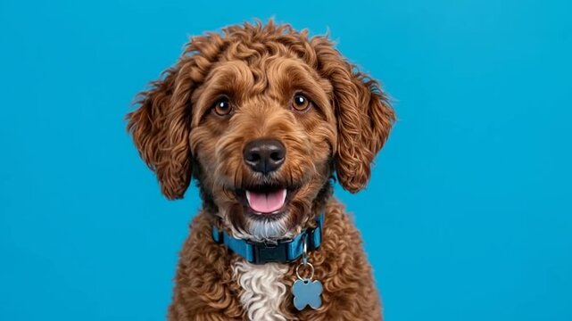 Brown doodle dog on bright blue background.