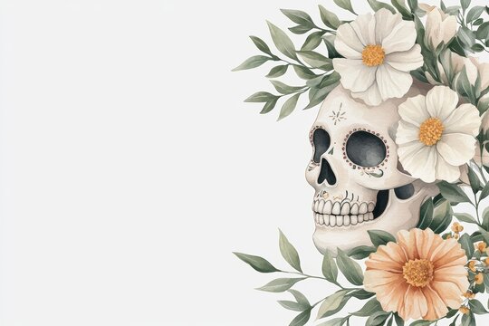 Artistic skull adorned with flowers and foliage