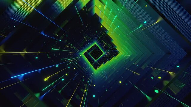 Hypnotic seamless loop of a futuristic square tunnel. Abstract digital vortex with glowing geometric structures, laser rays and particles, creating deep perspective background for VJ screens.