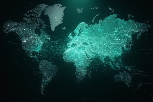 Digital world map visualization with glowing data connections