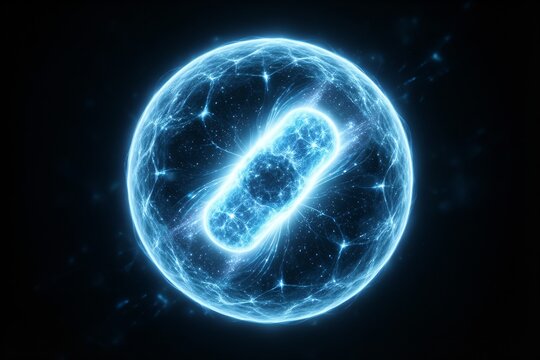 Glowing quantum computing qubit in superposition visualization