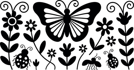 Beautiful spring garden vector illustration collection featuring butterfly, flowers, and ladybugs in a decorative black silhouette stencil style © Soneka