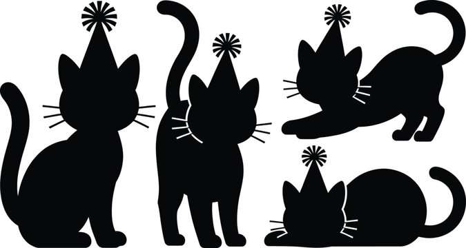 Set of black cat silhouettes wearing festive party hats with silhouette