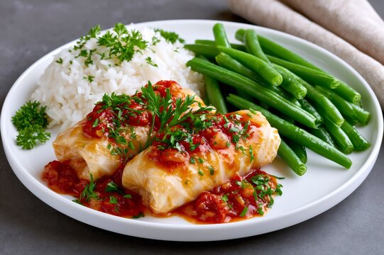 Stuffed cabbage rolls with rice and green beans