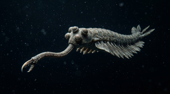 Anomalocaris canadensis an ancient marine arthropod swims through dark water with its segmented body and multiple eyes searching for prey in a prehistoric ocean environment