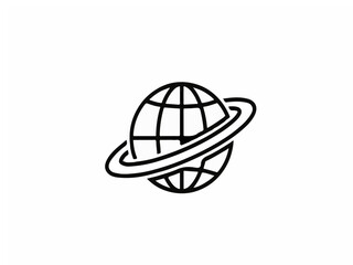Fototapeta premium Minimalist Black Line Art Globe Icon with Orbital Ring Isolated on White Background for Web Design