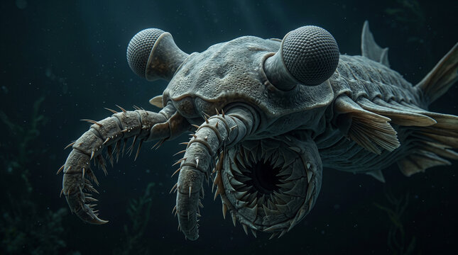 Anomalocaris a prehistoric marine arthropod with large compound eyes and spiny appendages swims through dark ocean depths depicting ancient aquatic life and evolutionary biology