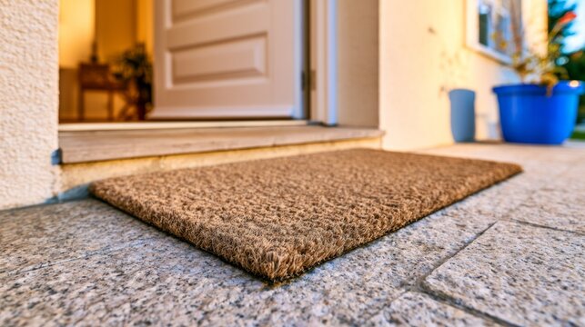 Close-Up View of Heavy-Duty Entrance Mat at Home with Doorway and Surrounding Plants at Sunset Light