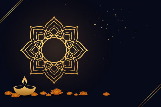 Elegant gold mandala on dark background, traditional Diwali diya oil lamp with lotus flowers, luxury festive greeting card for Indian festivals