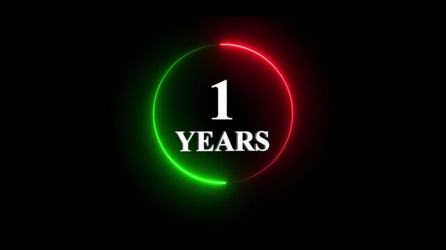 1 year anniversary neon circle motion glowing red and green circular countdown timer for business celebration and event intro