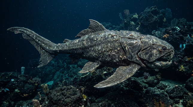 Ancient armored fish swimming through deep ocean waters with coral formations and rocky seabed providing a glimpse into prehistoric marine life for educational content