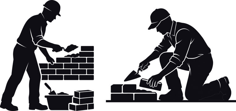 Silhouettes of bricklayers working with bricks and mortar against a white background construction industry bricklaying bricklayer masons stonemasons brickwork brick masonry building