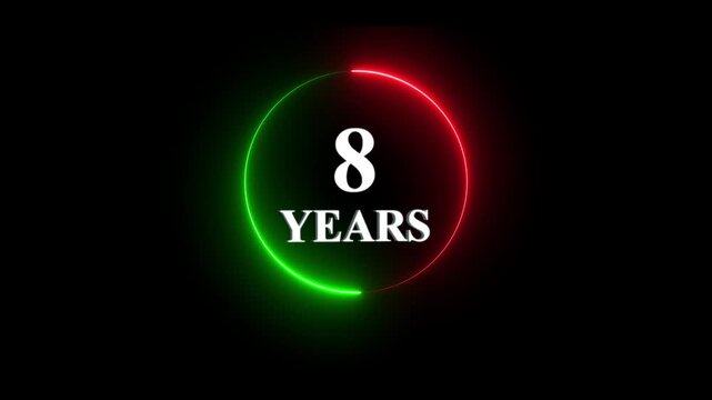 8 years anniversary neon glowing circle motion modern celebration typography for birthday or business milestone event on black background