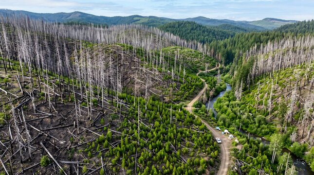 Aerial view of a forest with dead trees and a winding dirt path through greenery.