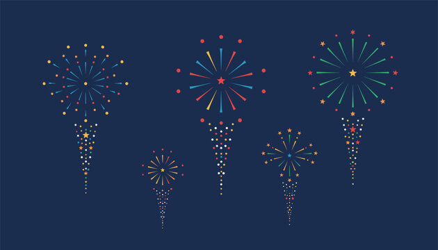Diverse collection of colorful fireworks and rocket trails exploding against a solid dark blue night sky background.